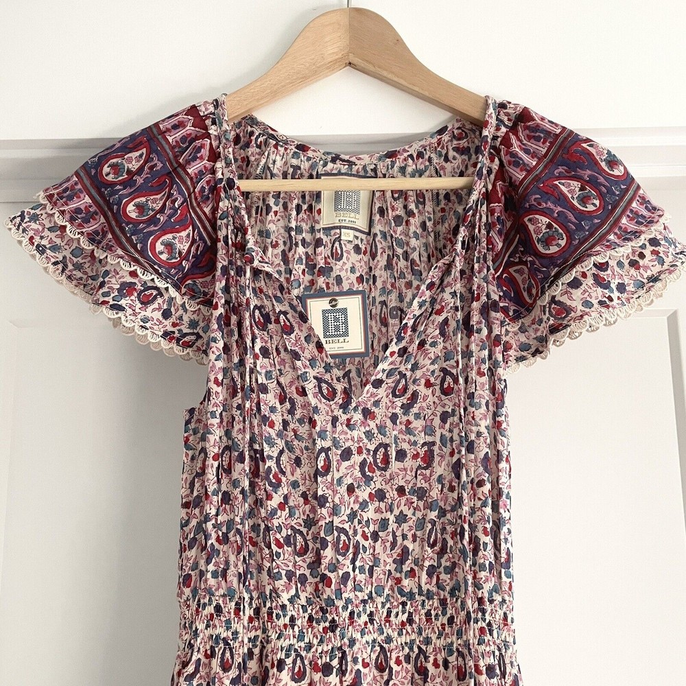 Alicia Bell Eva Smocked Boho Maxi Dress Pink Floral Paisley Block Print XS - Picture 3 of 8